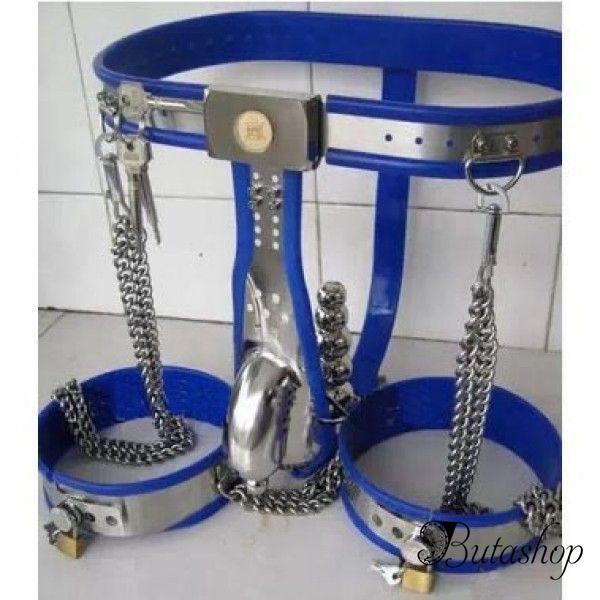 Male Fully Adjustable Model-T with Cage and Plug and Urethral Tube + Thigh Bands BLUE - www.butashop.com