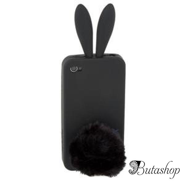 РАСПРОДАЖА! Latest Style 2 in 1 Rabbit Ears Silicone Case with Rabbit Tail Stand for iPhone 4G (Black) - www.butashop.com