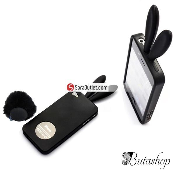 РАСПРОДАЖА! Latest Style 2 in 1 Rabbit Ears Silicone Case with Rabbit Tail Stand for iPhone 4G (Black) - www.butashop.com