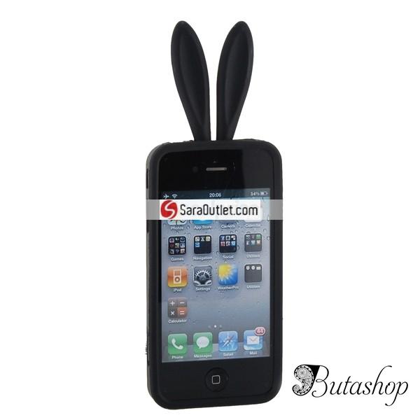 РАСПРОДАЖА! Latest Style 2 in 1 Rabbit Ears Silicone Case with Rabbit Tail Stand for iPhone 4G (Black) - www.butashop.com