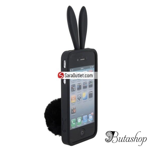 РАСПРОДАЖА! Latest Style 2 in 1 Rabbit Ears Silicone Case with Rabbit Tail Stand for iPhone 4G (Black) - www.butashop.com