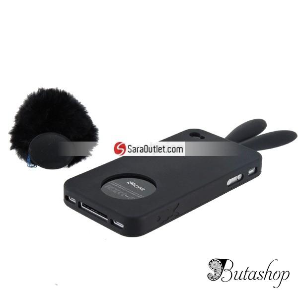 РАСПРОДАЖА! Latest Style 2 in 1 Rabbit Ears Silicone Case with Rabbit Tail Stand for iPhone 4G (Black) - www.butashop.com