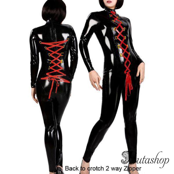Черный виниловый костюм с двойной красной шнуровкой - www.butashop.com