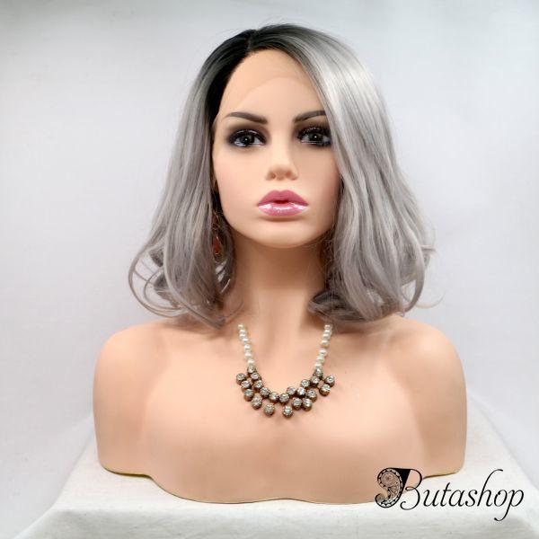 Реалистичный парик на сетке короткое серое омбре с черными корнями - www.butashop.com