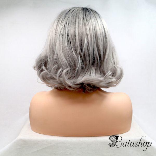 Реалистичный парик на сетке короткое серое омбре с черными корнями - www.butashop.com