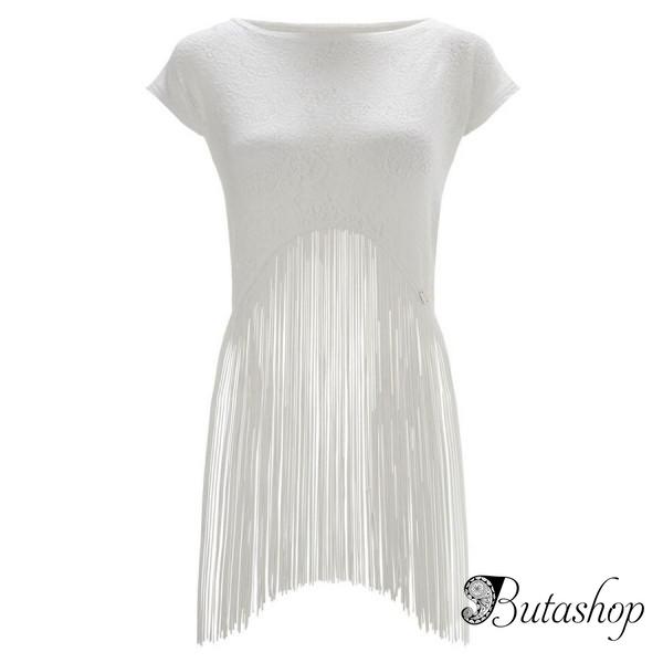 Белая кружевная футболка с сексуальной бахромой - www.butashop.com