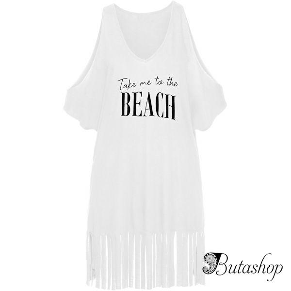 White Loose Fit Take me to the BEACH Cover up - www.butashop.com