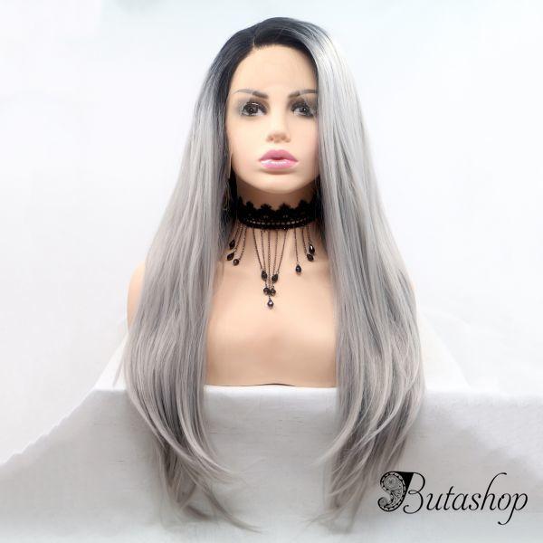 Длинное светло серое омбре парик на сетке с черными корнями - www.butashop.com