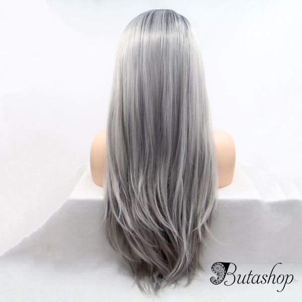 Длинное светло серое омбре парик на сетке с черными корнями - www.butashop.com