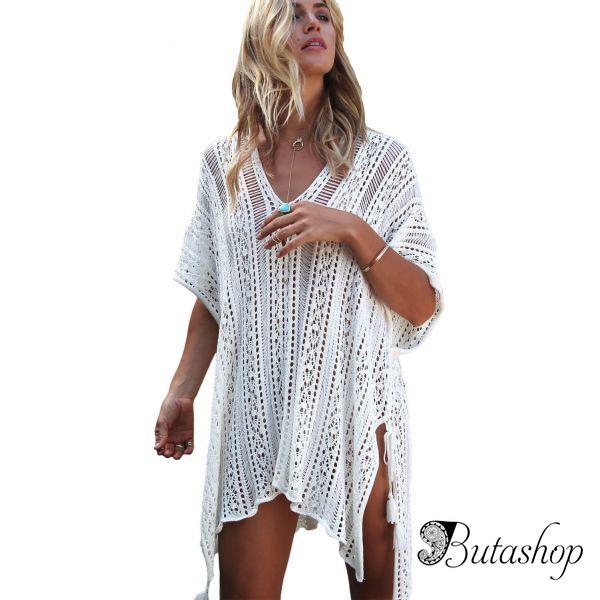 White Crochet Knitted Tassel Tie Kimono Beachwear - www.butashop.com