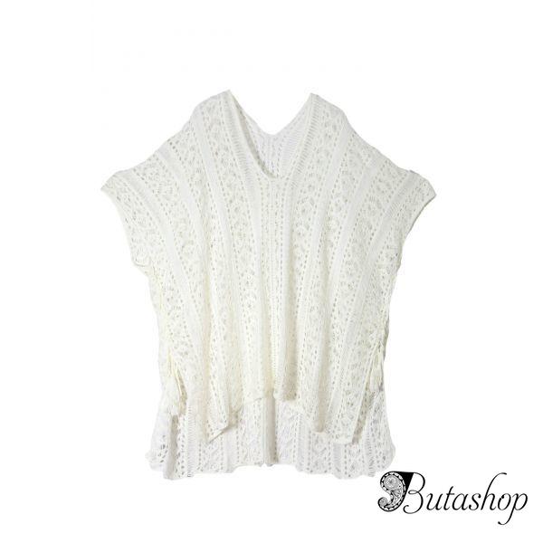 White Crochet Knitted Tassel Tie Kimono Beachwear - www.butashop.com
