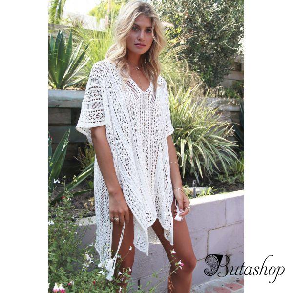 White Crochet Knitted Tassel Tie Kimono Beachwear - www.butashop.com
