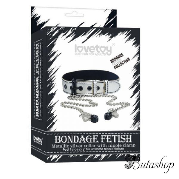 Ошейник серебристый металлик с зажимами для сосков - www.butashop.com