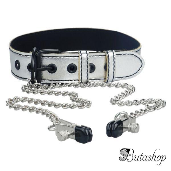 Ошейник серебристый металлик с зажимами для сосков - www.butashop.com