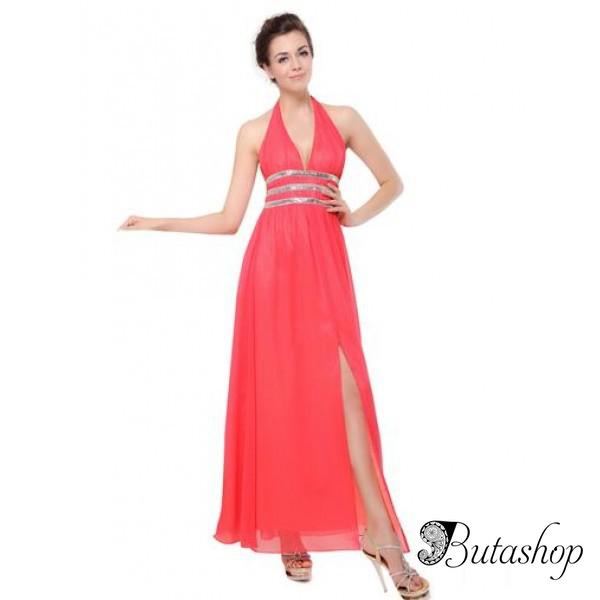 РАСПРОДАЖА! Длинное платье с V-образным вырезом розовое - www.butashop.com