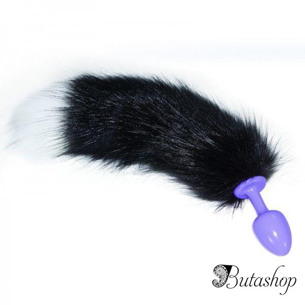 Фиолетовая анальная пробка с длинным чёрно-белым хвостом - www.butashop.com