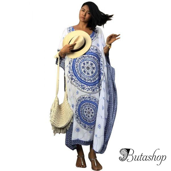 Blue Bohemian Print Kaftan Maxi Dress - www.butashop.com