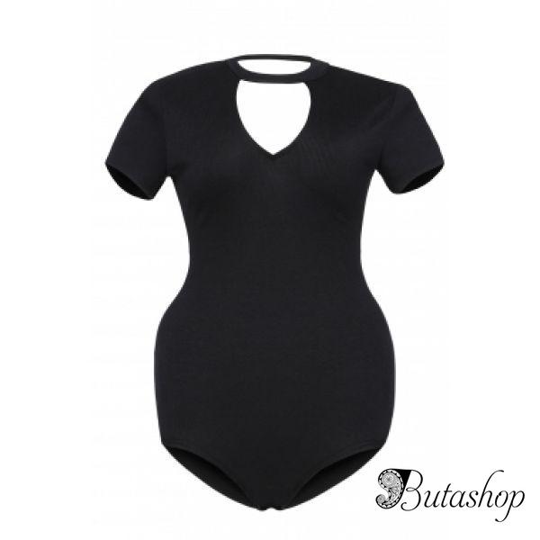 Solid Black Peep Hole Choker Bodysuit - www.butashop.com