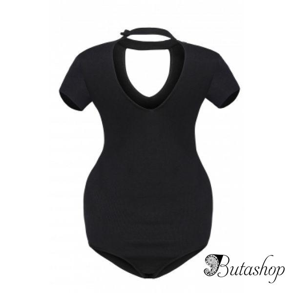 Solid Black Peep Hole Choker Bodysuit - www.butashop.com