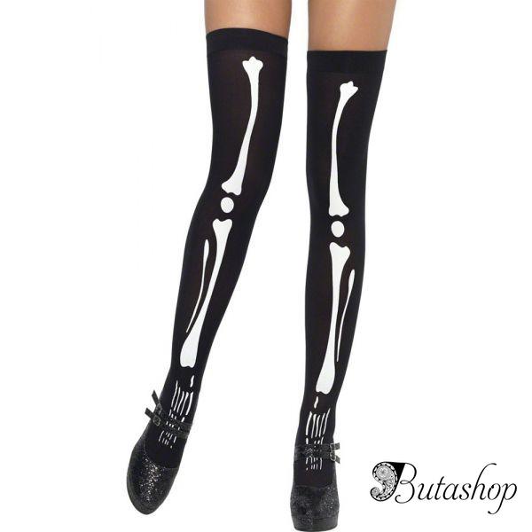 Черные плотные чулки с рисунком скелета - www.butashop.com