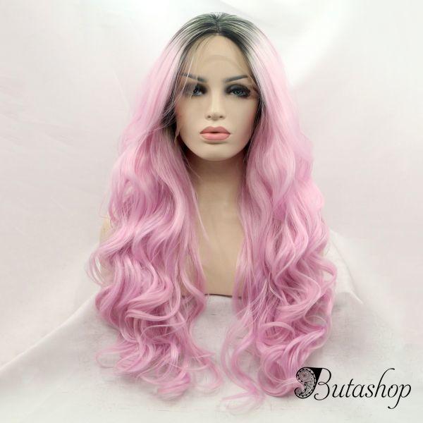 Длинный волнистый парик на сетке розовый омбре с черными корнями - www.butashop.com