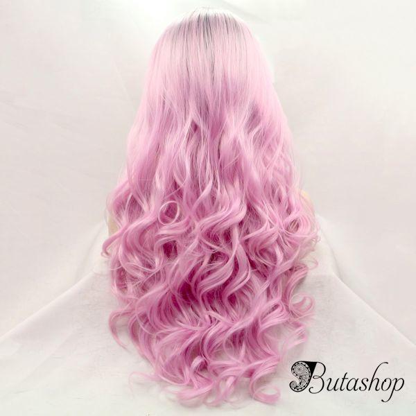 Длинный волнистый парик на сетке розовый омбре с черными корнями - www.butashop.com