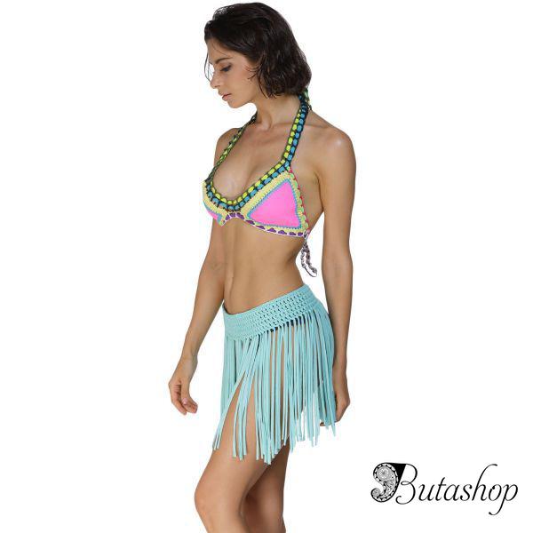 Вязаная голубая юбка с бахромой - www.butashop.com