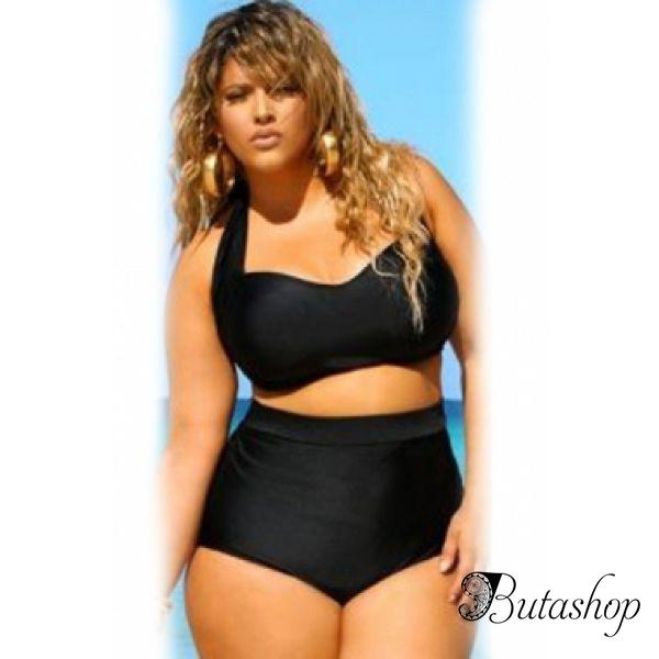 Black Halter Bandeau High Waist Plus Size Swimwear - www.butashop.com