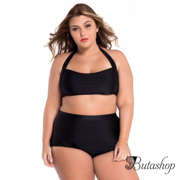 Black Halter Bandeau High Waist Plus Size Swimwear - www.butashop.com