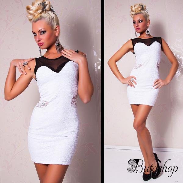 Черно-белое мини-платье с черной ажурной вставкой - www.butashop.com