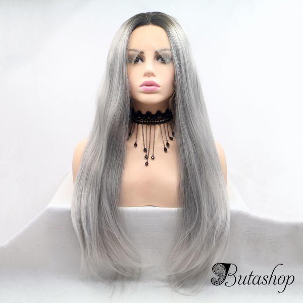 Длинное серое омбре парик на сетке с черными корнями - www.butashop.com