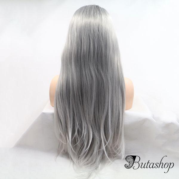 Длинное серое омбре парик на сетке с черными корнями - www.butashop.com