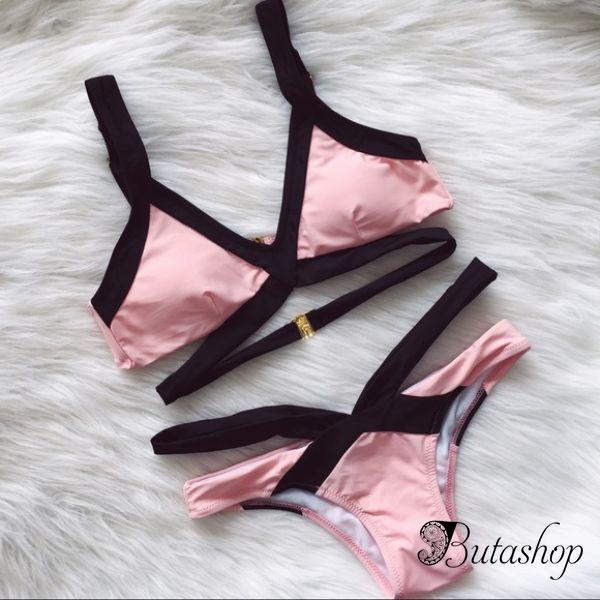 РАСПРОДАЖА! Купальник розовый с черными переплетами - www.butashop.com