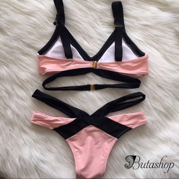 РАСПРОДАЖА! Купальник розовый с черными переплетами - www.butashop.com