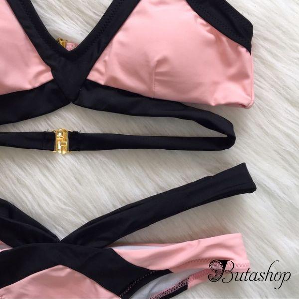 РАСПРОДАЖА! Купальник розовый с черными переплетами - www.butashop.com