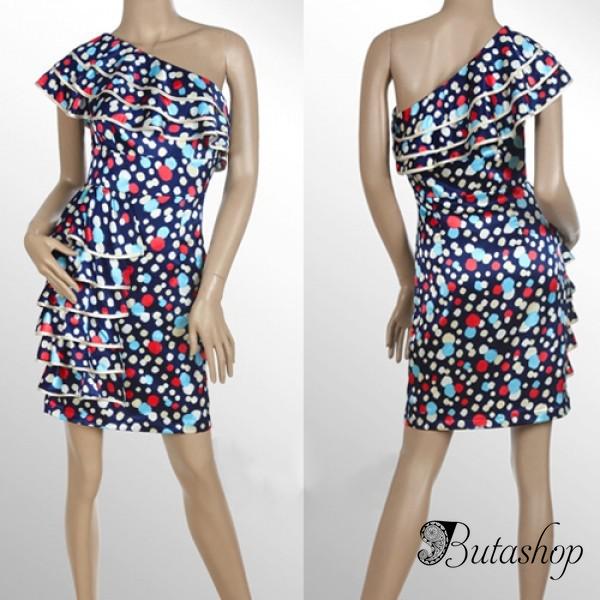 РАСПРОДАЖА! Разноцветное платье на одно плече с рюшами - www.butashop.com