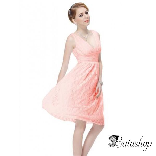 РАСПРОДАЖА! Кружевное платье с V-образной горловиной розовое - www.butashop.com
