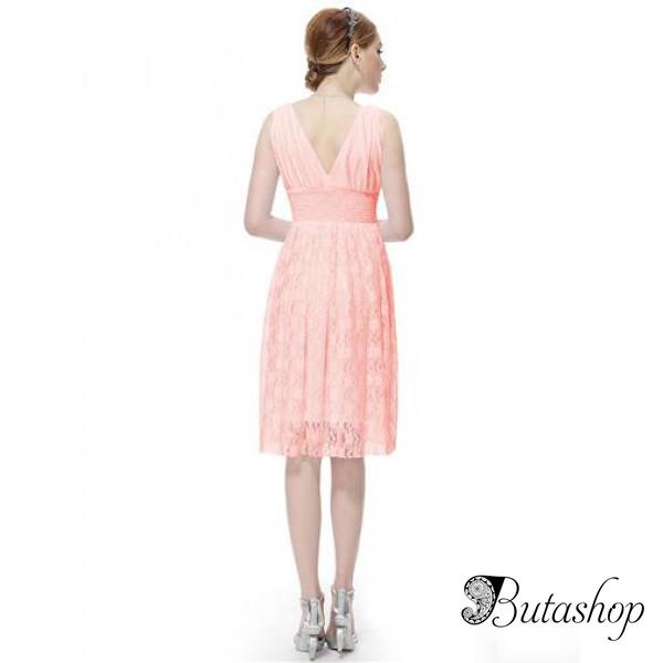 РАСПРОДАЖА! Кружевное платье с V-образной горловиной розовое - www.butashop.com