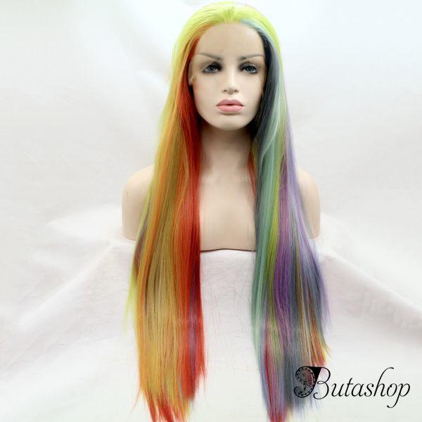 Длинный парик на сетке с прядями цвета радуги - www.butashop.com