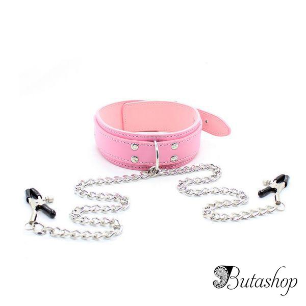 Розовый ошейник с зажимами для сосков - www.butashop.com