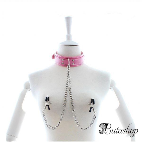 Розовый ошейник с зажимами для сосков - www.butashop.com