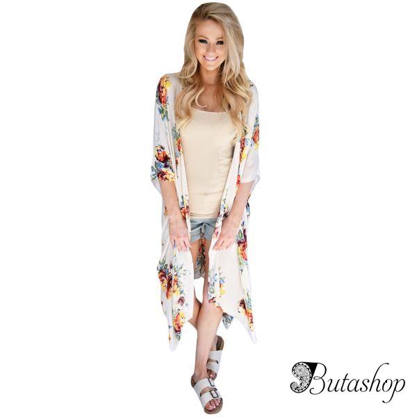 Ivory Floral Side Slit Boho Kimono - www.butashop.com