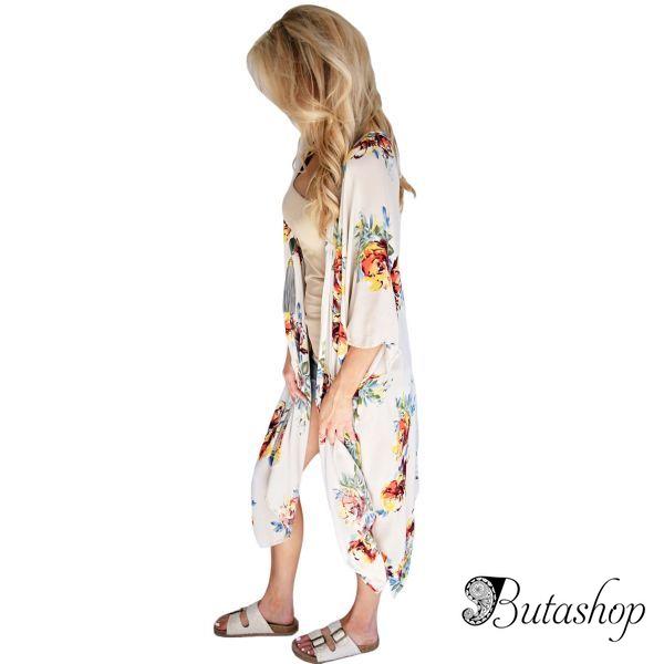Ivory Floral Side Slit Boho Kimono - www.butashop.com