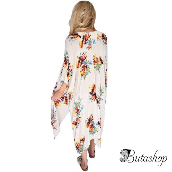 Ivory Floral Side Slit Boho Kimono - www.butashop.com