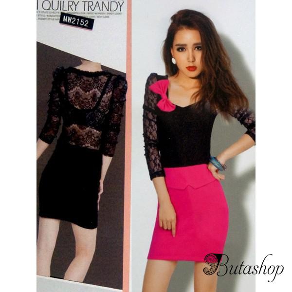 Розовое мини-платье с кружевными рукавами - www.butashop.com