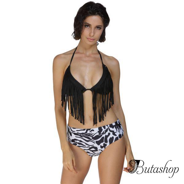 Оригинальный черно-белый купальник с бахрамой - www.butashop.com