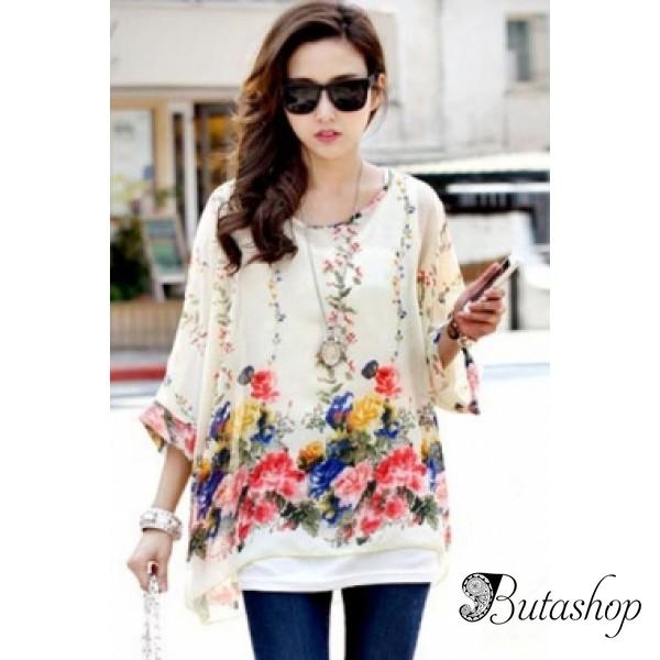 Элегантная просторная шифоновая блуза с цветами - www.butashop.com