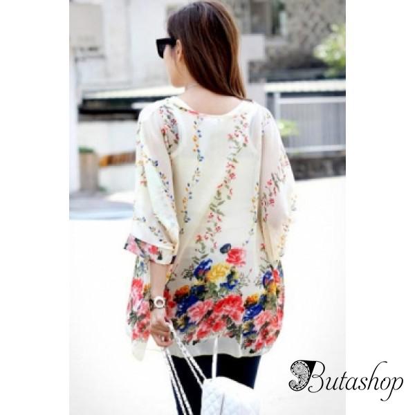 Элегантная просторная шифоновая блуза с цветами - www.butashop.com