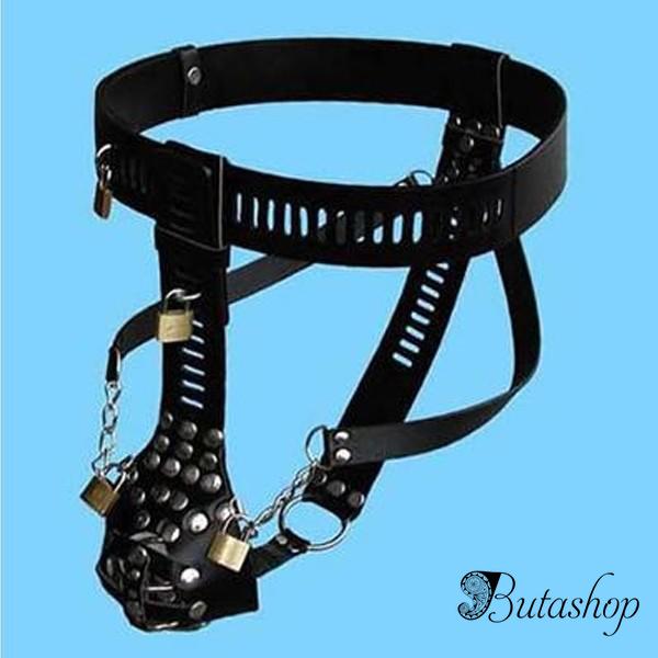 Черный мужской пояс верности с 4 замками - www.butashop.com
