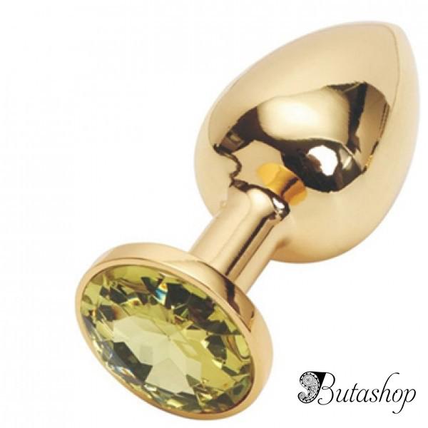 Золотая анальная пробка с желтым кристаллом, средняя - www.butashop.com